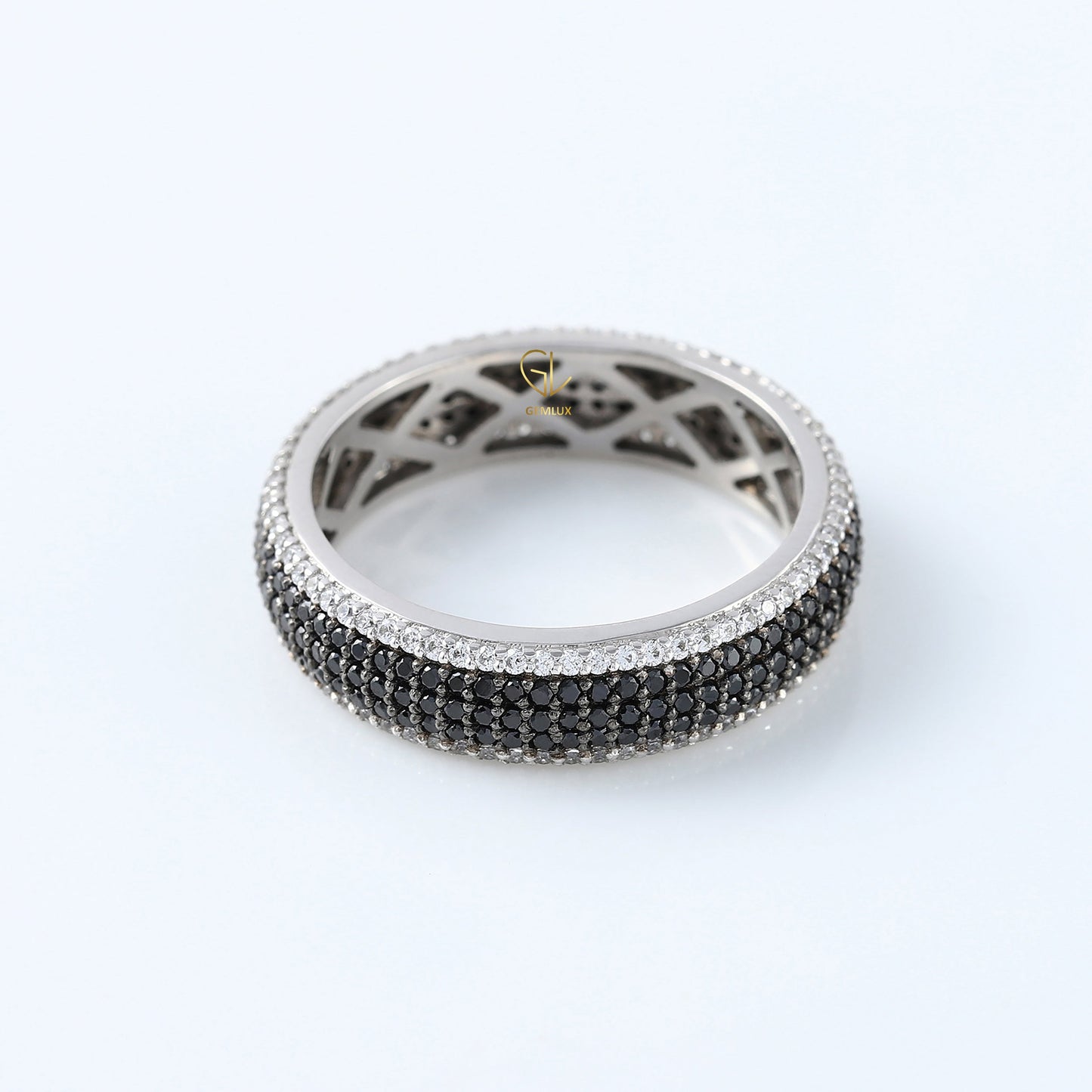 Black & White Round Cut Moissanite Diamond Eternity Wedding Band, Day & Night Band