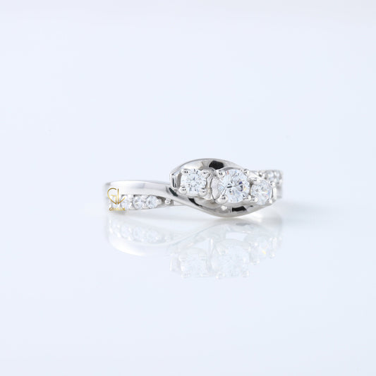 Swirl Bypass Round Cut Moissanite Diamond Three Stone Engagement Ring