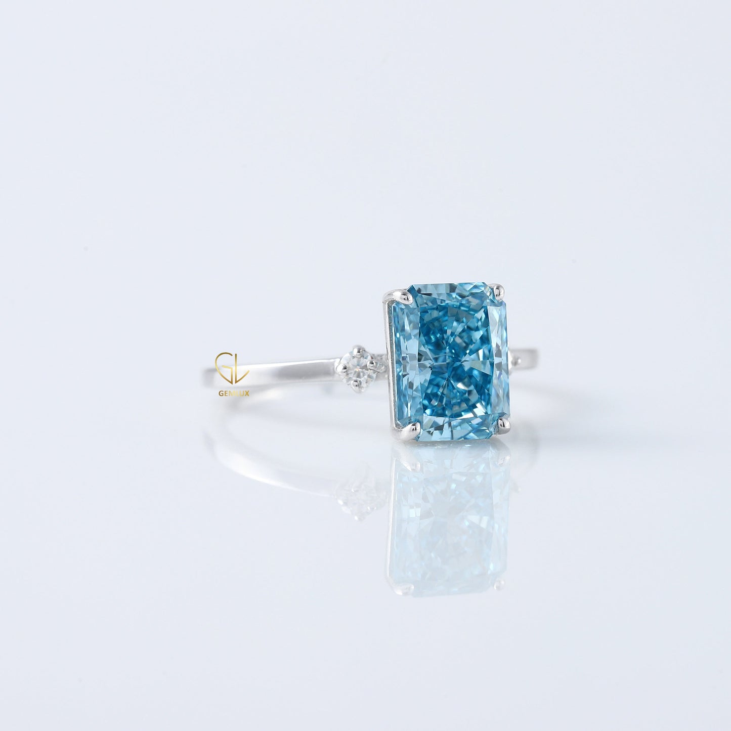Blue Radiant Cut Lab Grown Diamond Three Stone Engagement Ring