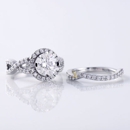 Round Cut Moissanite Twisted Ring With Curved Matching Bridal Ring Set