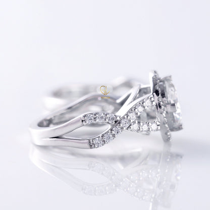 Round Cut Moissanite Twisted Ring With Curved Matching Bridal Ring Set