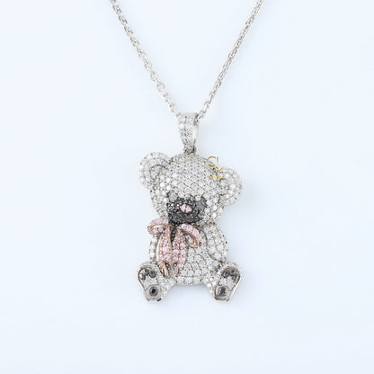 Cartoon Teddy Bear Bow Lab Grown Diamond Necklace Pendant