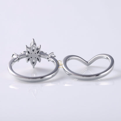 Bridal Ring Set, Marquise Cut Moissanite Ring With Curved Solitaire Matching Band