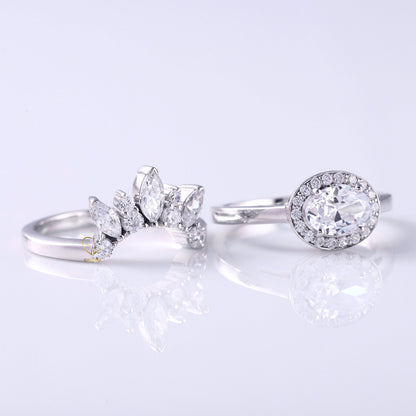 East To West Oval Moissanite Ring With Curved Matching Bridal Ring Set