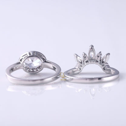 East To West Oval Moissanite Ring With Curved Matching Bridal Ring Set