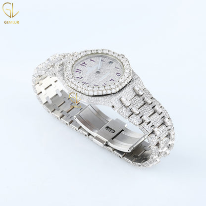 Arabic Number Dial Auto Date Iced Out Lab Grown Diamond Watch