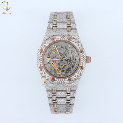 Skeleton Dial Rose Gold Stainless Steel VVS Moissanite Diamond Watch