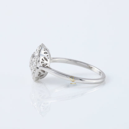 Art Deco Round Cut Moissanite Diamond Bezel Set Floral Halo Engagement Ring