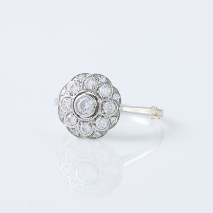 Art Deco Round Cut Moissanite Diamond Bezel Set Floral Halo Engagement Ring