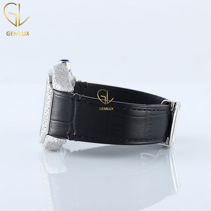 VVS Moissanite Diamond Case Black Leather Strap Hip Hop Watch