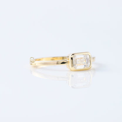 East to West Emerald Lab Grown Diamond Bezel Set Classic Solitaire Engagement Ring