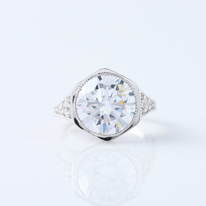 IGI Certified Art Deco Round Cut Lab Grown Diamond Bezel Set Milgrain Engagement Ring