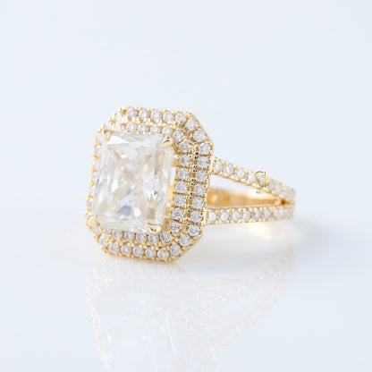 Split Shank Radiant Cut Moissanite Halo Engagement Ring