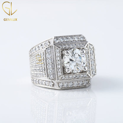 Round Cut Moissanite Diamond Square Design Wide Band Ring For Men, 14K White Gold Ring