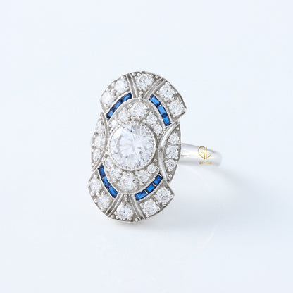 Art Deco Round Cut Moissanite Bezel Set Engagement Ring