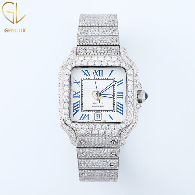 Iced Out VVS Moissanite Diamond Square Dial Date Just Hip Hop Watch