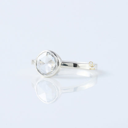 Rose Cut Round Moissanite Diamond Bezel Set Solitaire Engagement Ring