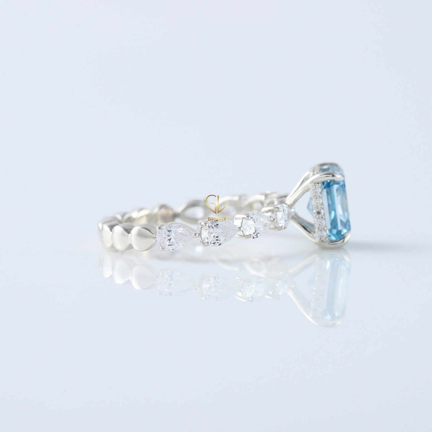 Blue Radiant Cut Lab Grown Diamond Solitaire With Accent Engagement Ring