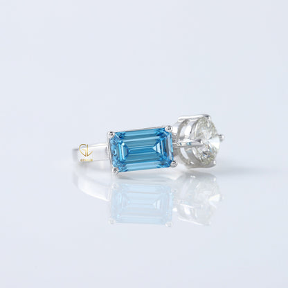 Toi Et Moi Ring, Blue Radiant & Round Cut Lab Grown Diamond Two Stone Engagement Ring