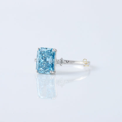  Blue Radiant Cut Lab Grown Diamond Three Stone Engagement Ring