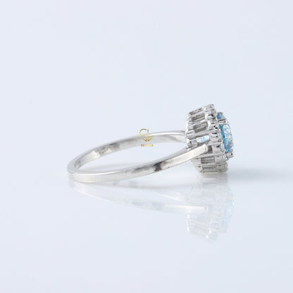 Blue Round Cut Lab Grown Diamond Half Halo Engagement Ring