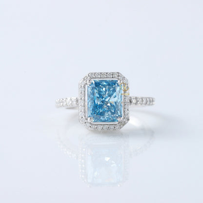 Blue Radiant Cut Lab Grown Diamond Halo Engagement Ring