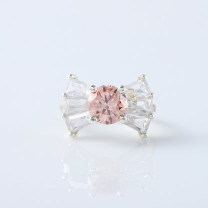 Bow Style Round Cut Morganite Pink Color Lab Grown Diamond Seven Stone Ring