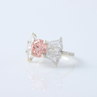 Bow Style Round Cut Morganite Pink Color Lab Grown Diamond Seven Stone Ring