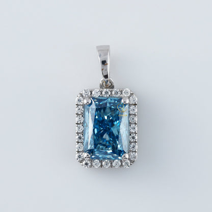 Lab Grown Blue Radiant Cut Diamond Halo Solitaire Pendant For Women