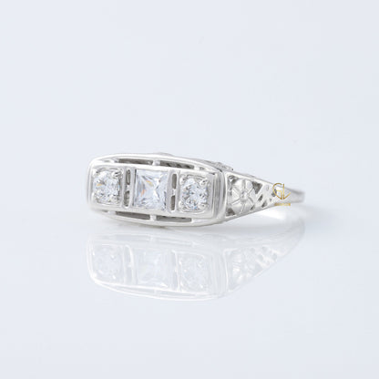 Vintage Art Deco Three Stone Moissanite Diamond Engagement Ring