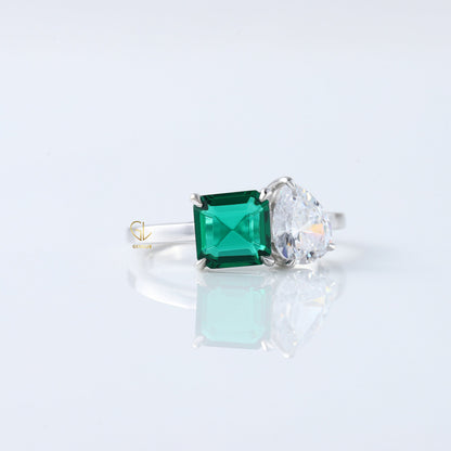 Asscher & Pear Cut Lab Grown Diamond Toi Et Moi Ring, Two Stone Engagement Ring 
