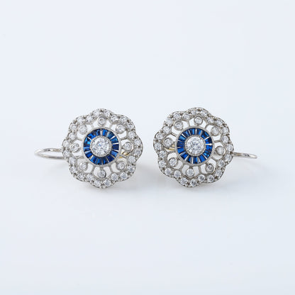 Vintage Art Deco Floral Halo Blue Sapphire Antique Earrings