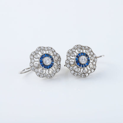 Vintage Art Deco Floral Halo Blue Sapphire Antique Earrings