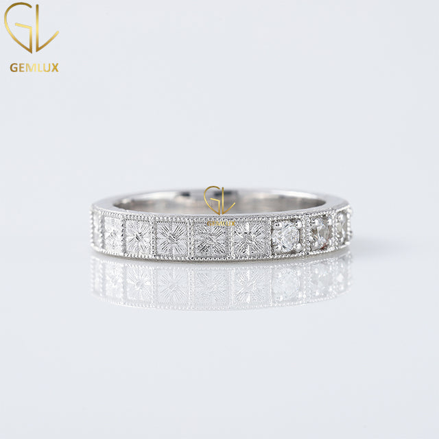 Art Deco Milgrain Wedding Band, Round Cut Moissanite Half Eternity Band Ring