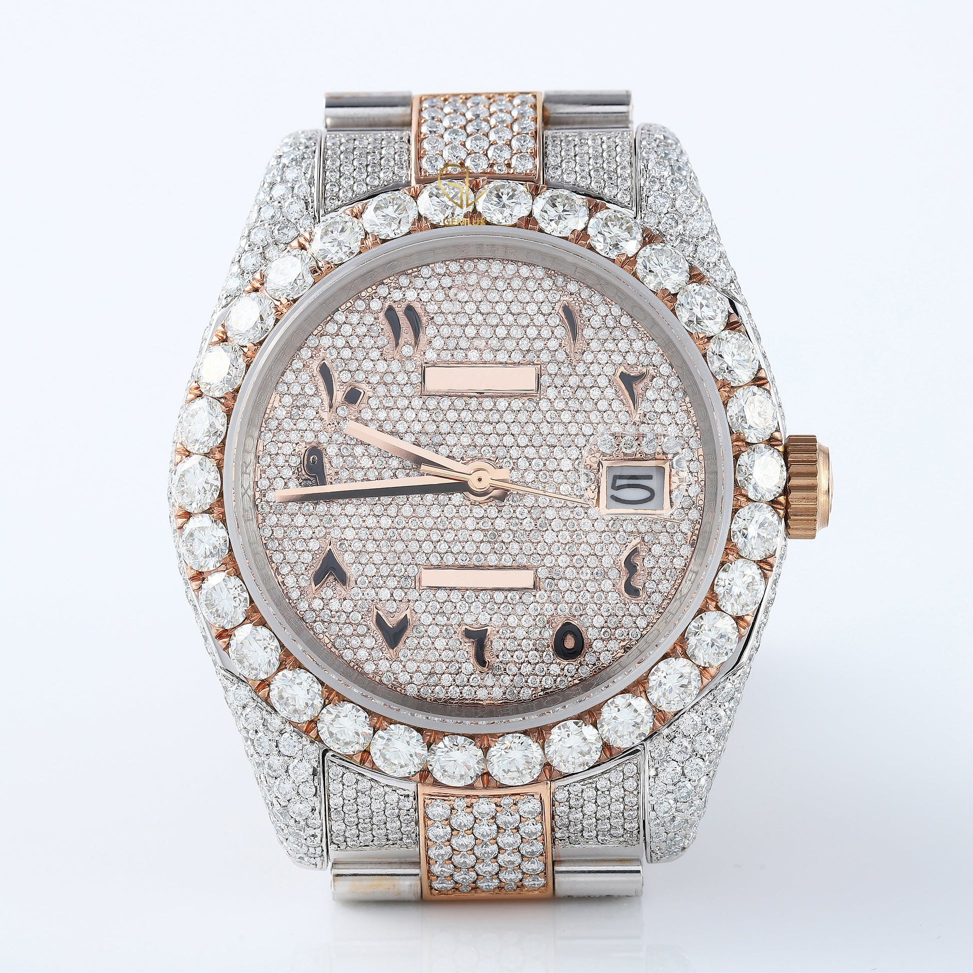 Iced Out VVS Moissanite Diamond White & Rose Gold Plated Auto Date Watch 