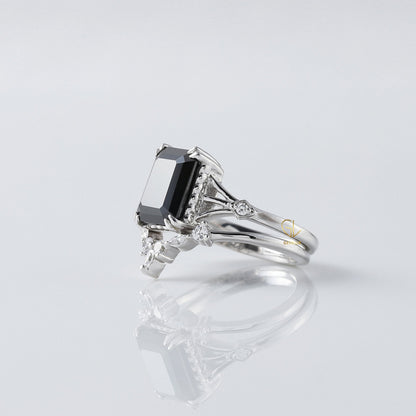 Black Emerald Cut Moissanite Diamond Ring With Curved Matching Bridal Ring Set
