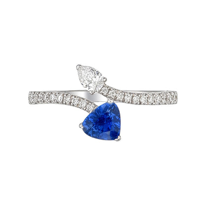 Blue Sapphire Trillion Cut & Pear Cut Certified Natural Diamond Bypass Engagement Ring